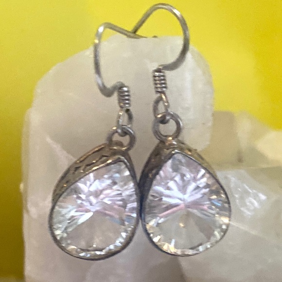 Sterling Set Rock Cut Crystal Tear Drop Earrings - Picture 5 of 6